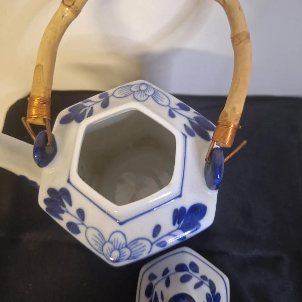 Blue and White Floral Porcelain Teapot with Bamboo Handle